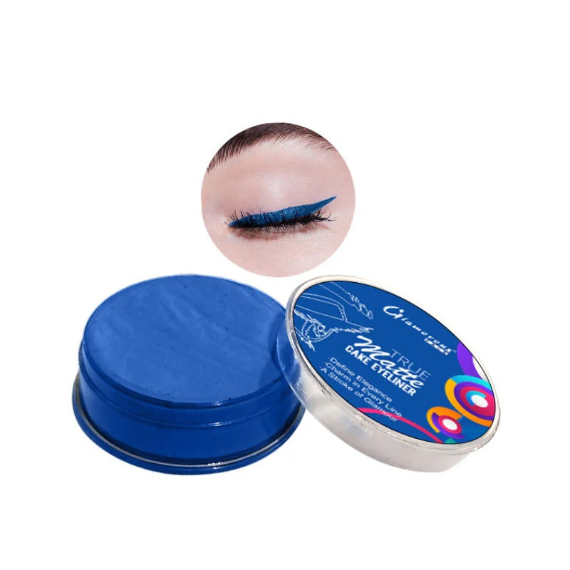 Blue makeup product with a close-up of an eye wearing blue eyeliner on a white background