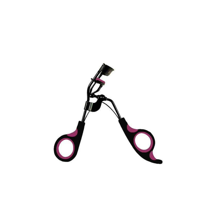 Eyelash curler with black and pink design on a white background