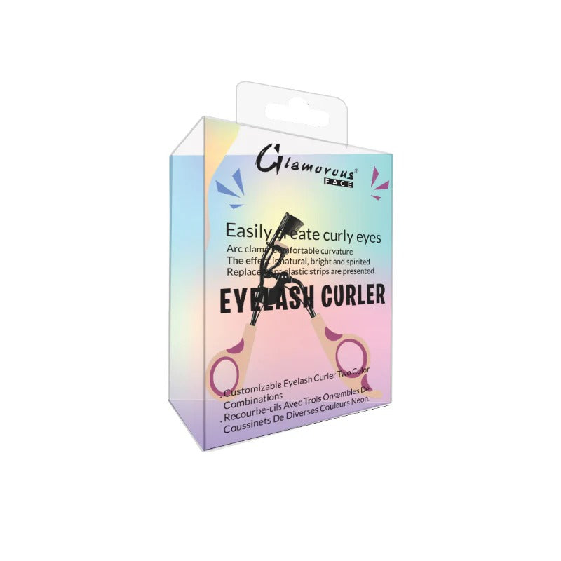Eyelash curler packaging with colorful design on a white background