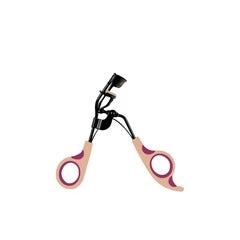 Pink and black eyelash curler on a white background