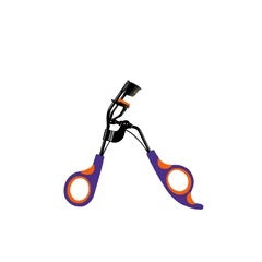 Pair of purple and orange scissors on a white background