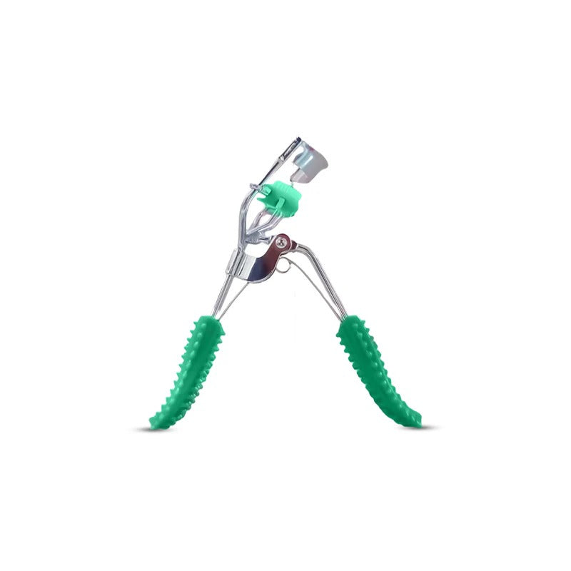 Eyelash curler with green accents on a white background