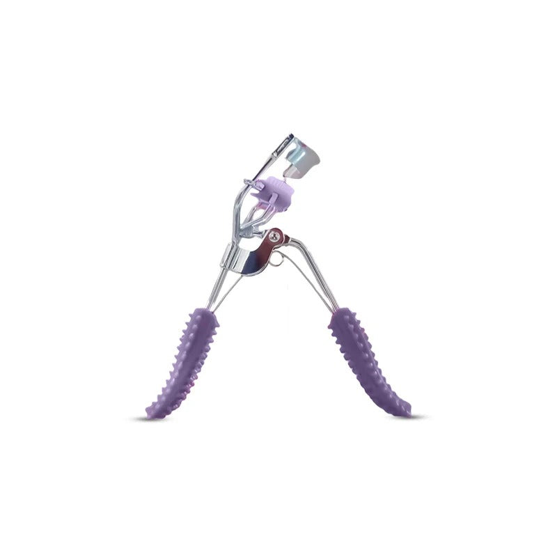Eyelash curler with purple handles on a white background