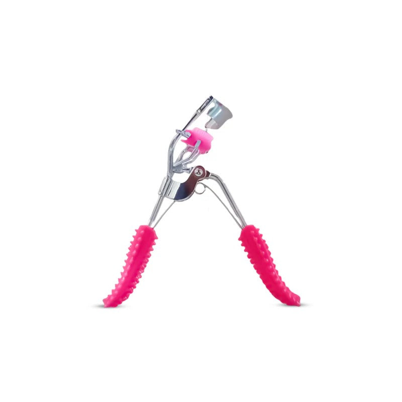 Eyelash curler with pink handles on a white background