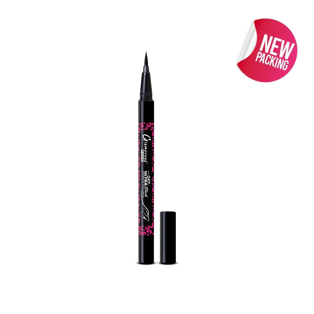 Black eyeliner pen with pink text on a white background, featuring a 'New Packing' label.