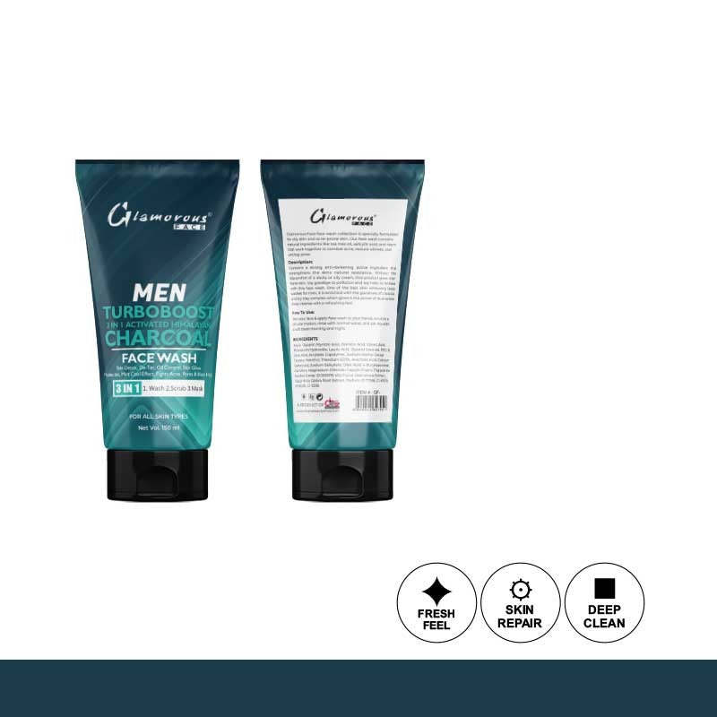 Glamorous Face Men Face Wash Turbo Boost Charcoal 3-In-1