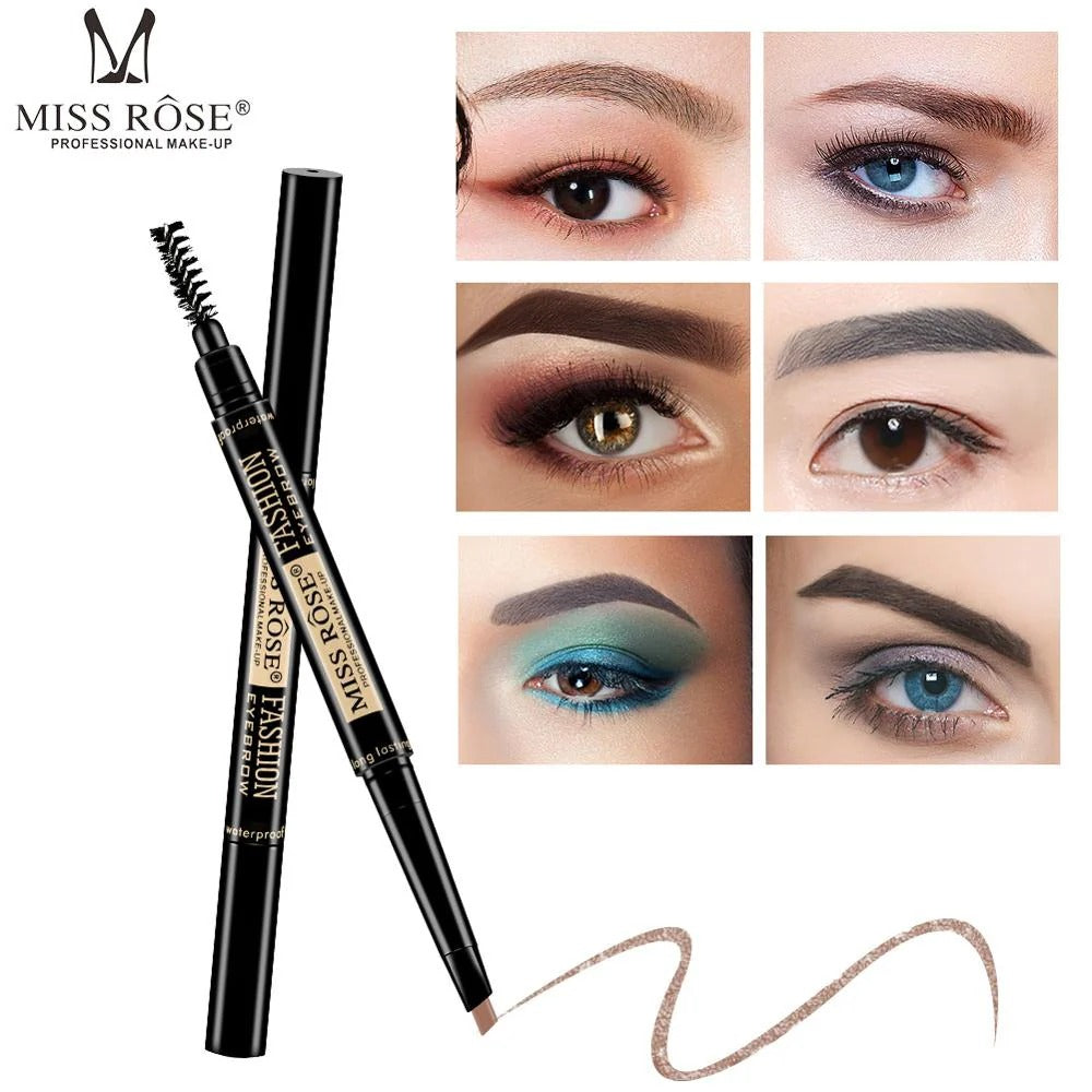 Miss Rose eyebrow pencil with eye makeup examples on a white background