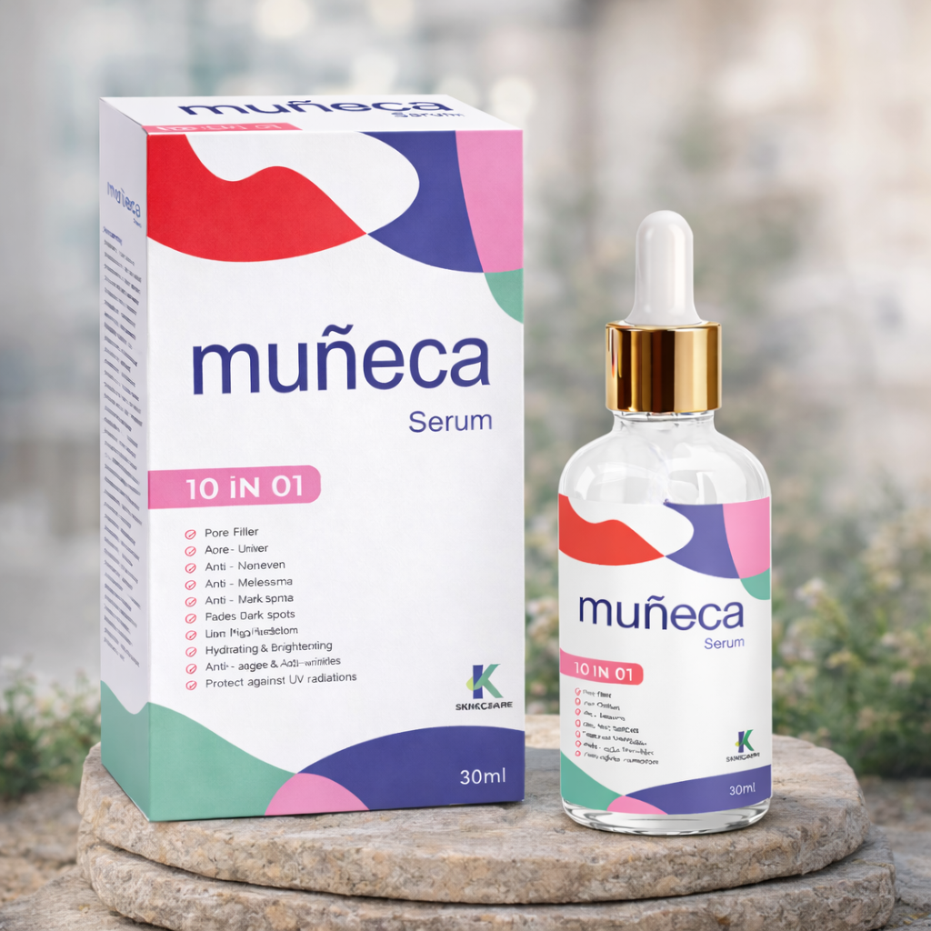 Muéeca serum packaging with dropper bottle on a stone surface