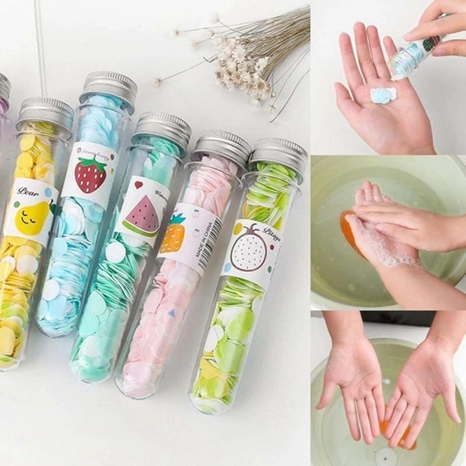 Colorful soap bars in tubes with cartoon labels, followed by hands applying soap and washing hands.